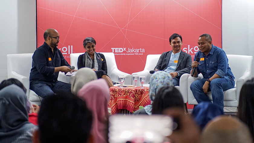 A panel of speakers in conversation at the TEDxJakarta Skoll Conversation series