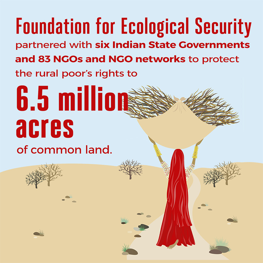 Illustration: Foundation for Ecological Security partnered with six Indian State Governments and 83 NGO and NGO networks to protect the rural poor's rights to 6.5 million acres of common lands.