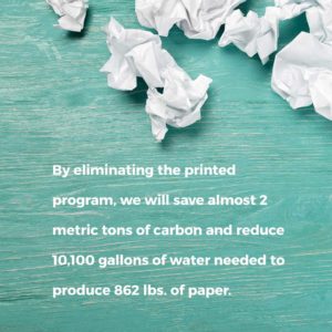 Image of paper crumbled into balls with text overlay: By eliminating the printed program, we will save almost 2 metric tons of carbon and reduce 10,100 gallons of water needed to produce 862 lbs. of paper. 