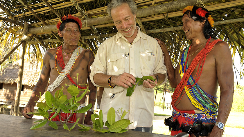 Mark Plotkin meeting with elders Korotai (left) and Amasina (right) in the village of Kwamalasamutu in southwest Suriname near the Guyana border