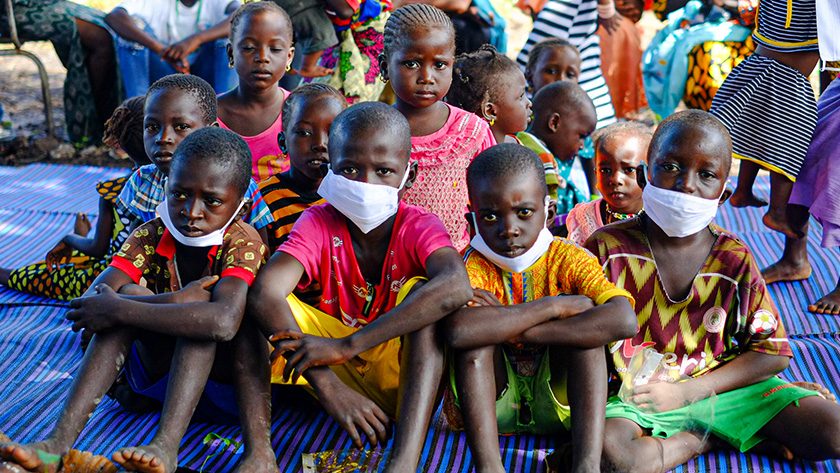 Children wearing masks in the community of Saare Demba, Medina Yoro Foulah department, Kolda region, Senegal