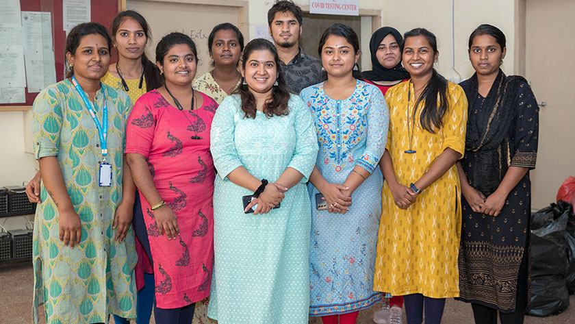 Team of lab technicians outside Bhagwan Mahaveer Jain Hospital, Bengaluru