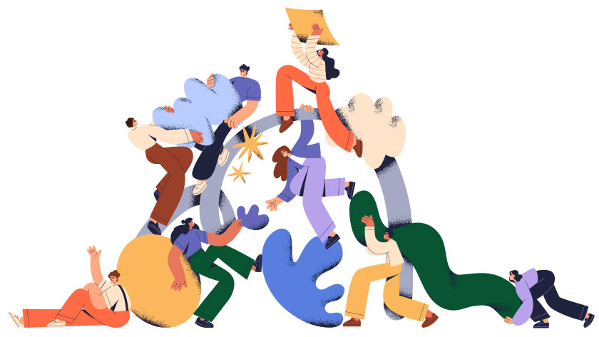 Abstract illustration of a group of people working together to form a human pyramid